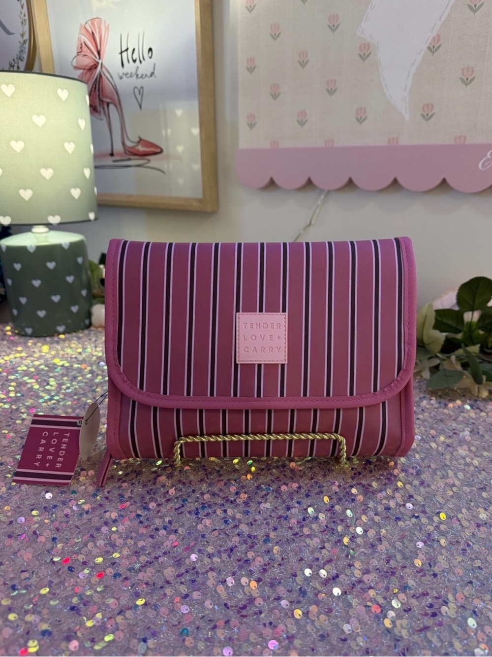 NWT Tender Love + Carry Pink Stripe Hanging Roll-Up Toiletry Travel Bag
